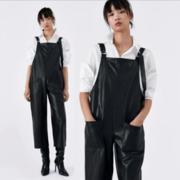 NEW ZARA S Jackie Faux Leather Jumpsuit Bloggers Favorite Crop Black Reversible - Picture 1 of 15